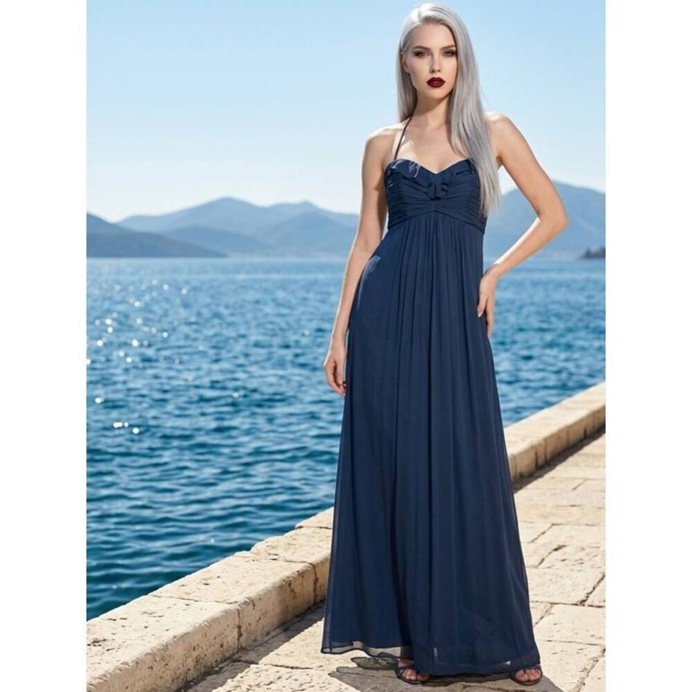 🍑Anthropologie Amsale Blue Silk Formal Sleeveless Dress Size 10